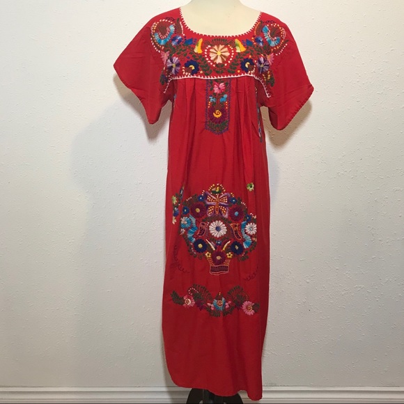 Dresses & Skirts - Embroidered Floral Midi Red Mexican Dress